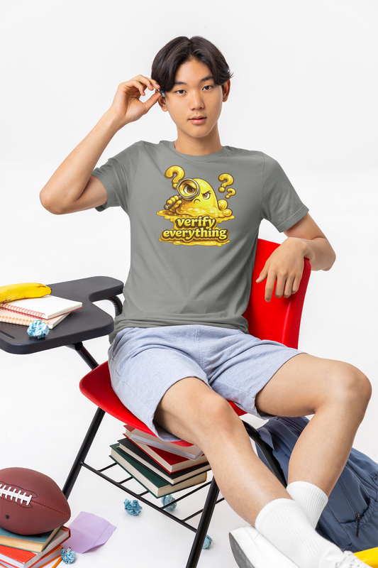 Verify Everything Graphic T-Shirt | Thought-Provoking Statement Shirt